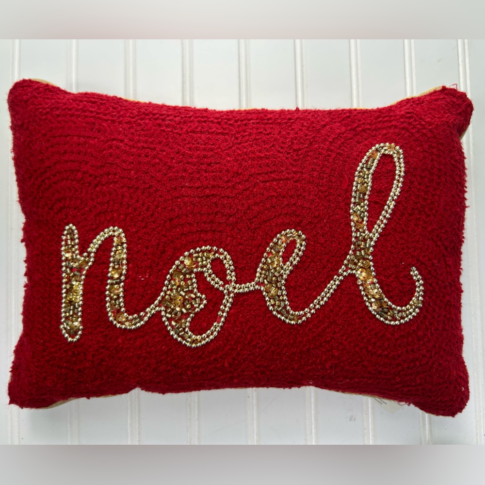 Glitz + Glimmer Pillow Throw Festive Red 'Noel' Holiday Beaded Sequin Made India